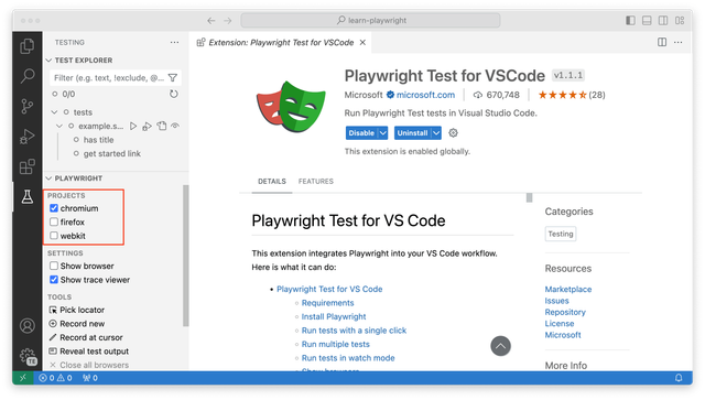Projects section in VS Code extension